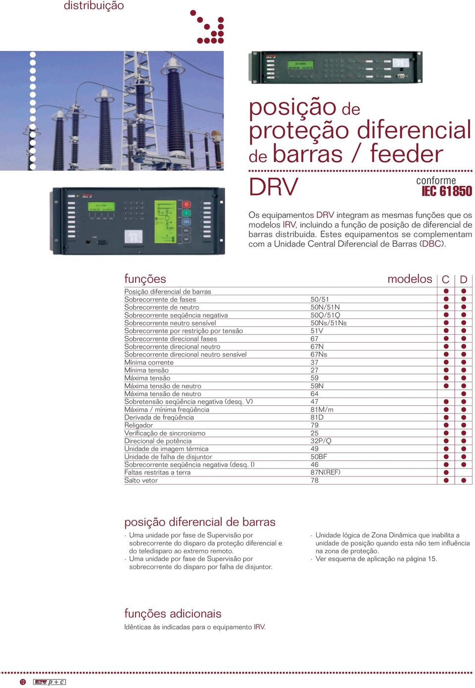 funções modelos C D Posição diferencial de barras Sobrecorrente de fases Sobrecorrente de neutro Sobrecorrente seqüência negativa Sobrecorrente neutro sensível Sobrecorrente por restrição por tensão