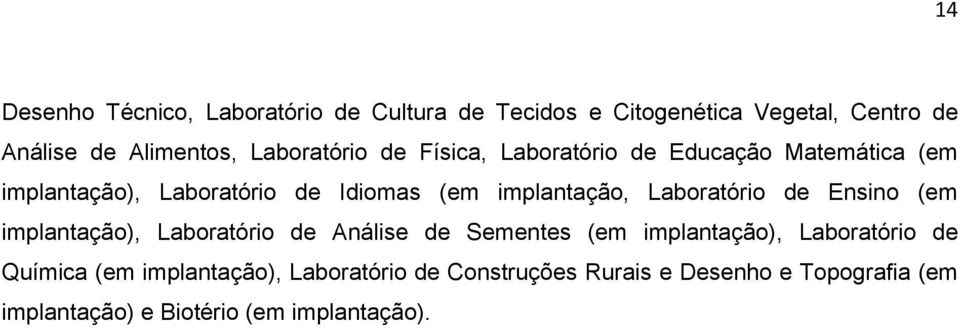 Laboratório de Ensino (em implantação), Laboratório de Análise de Sementes (em implantação), Laboratório de Química