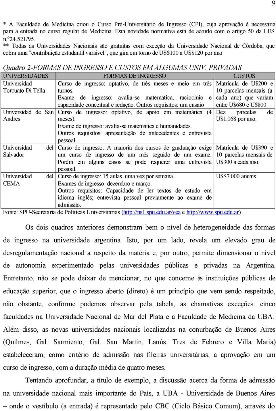 ** Todas as Universidades Nacionais são gratuitas com exceção da Universidade Nacional de Córdoba, que cobra uma "contribuição estudantil variável", que gira em torno de US$100 a US$120 por ano