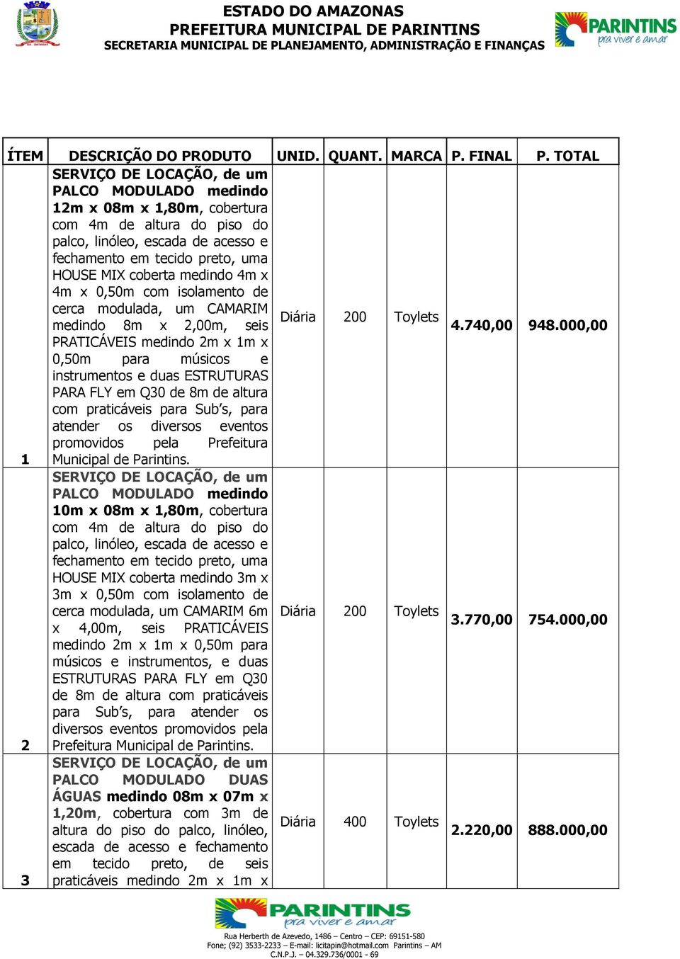 Toylets medindo 8m x 2,00m, seis 4.740,00 948.