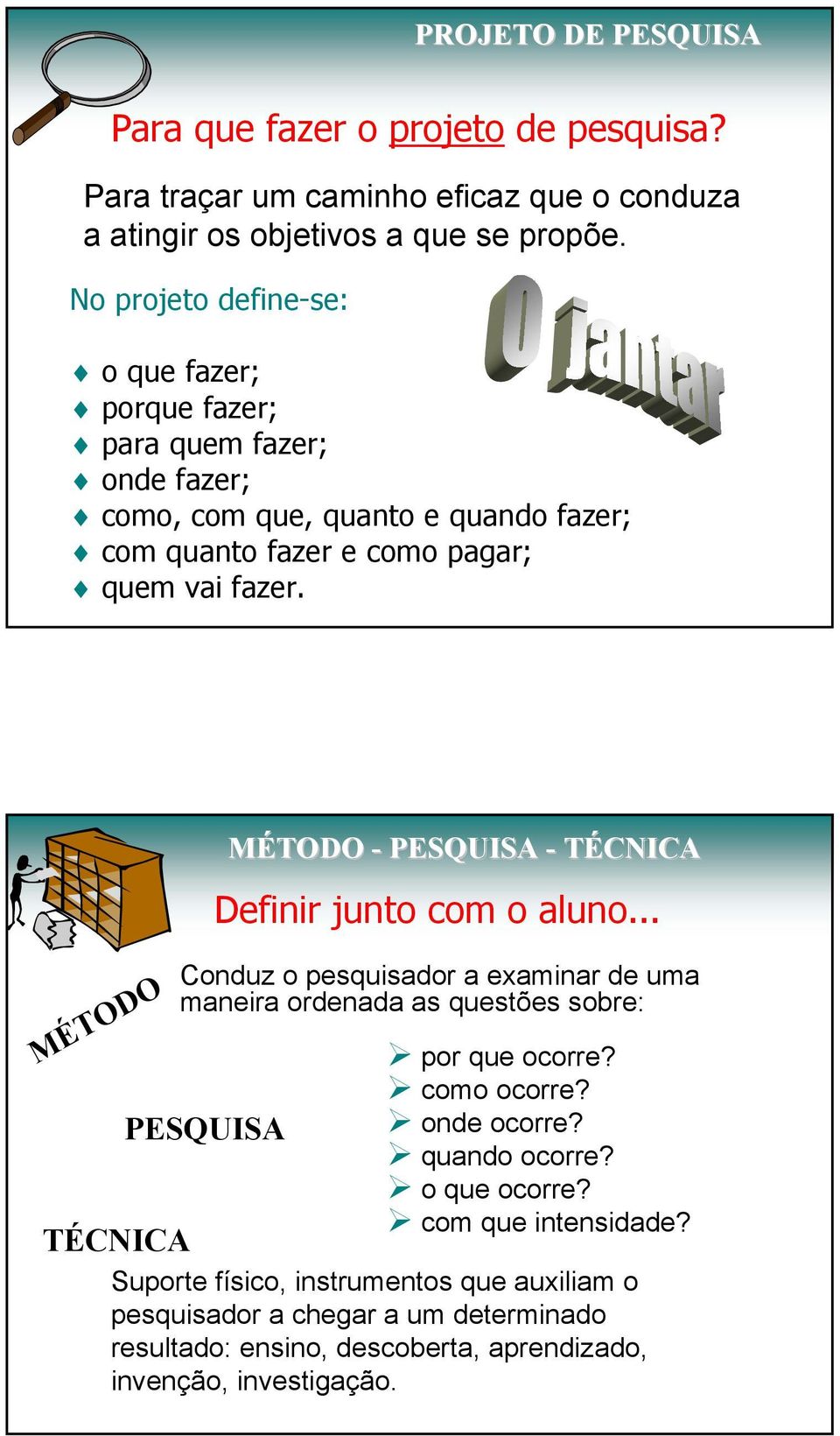 MÉTODO TÉCNICA MÉTODO - PESQUISA - TÉCNICA Definir junto com o aluno... Conduz o pesquisador a examinar de uma maneira ordenada as questões sobre: PESQUISA por que ocorre?