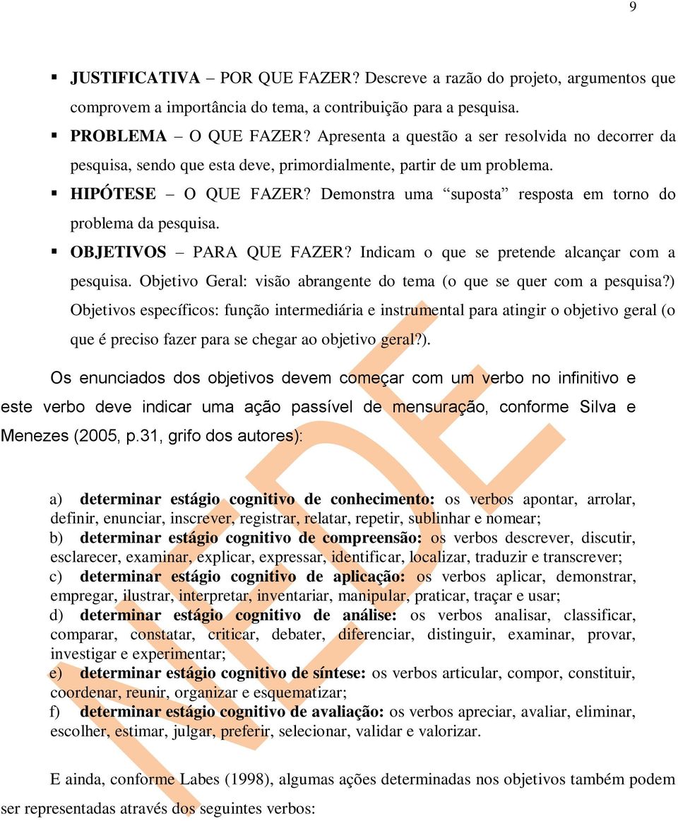 Demonstra uma suposta resposta em torno do problema da pesquisa. OBJETIVOS PARA QUE FAZER? Indicam o que se pretende alcançar com a pesquisa.