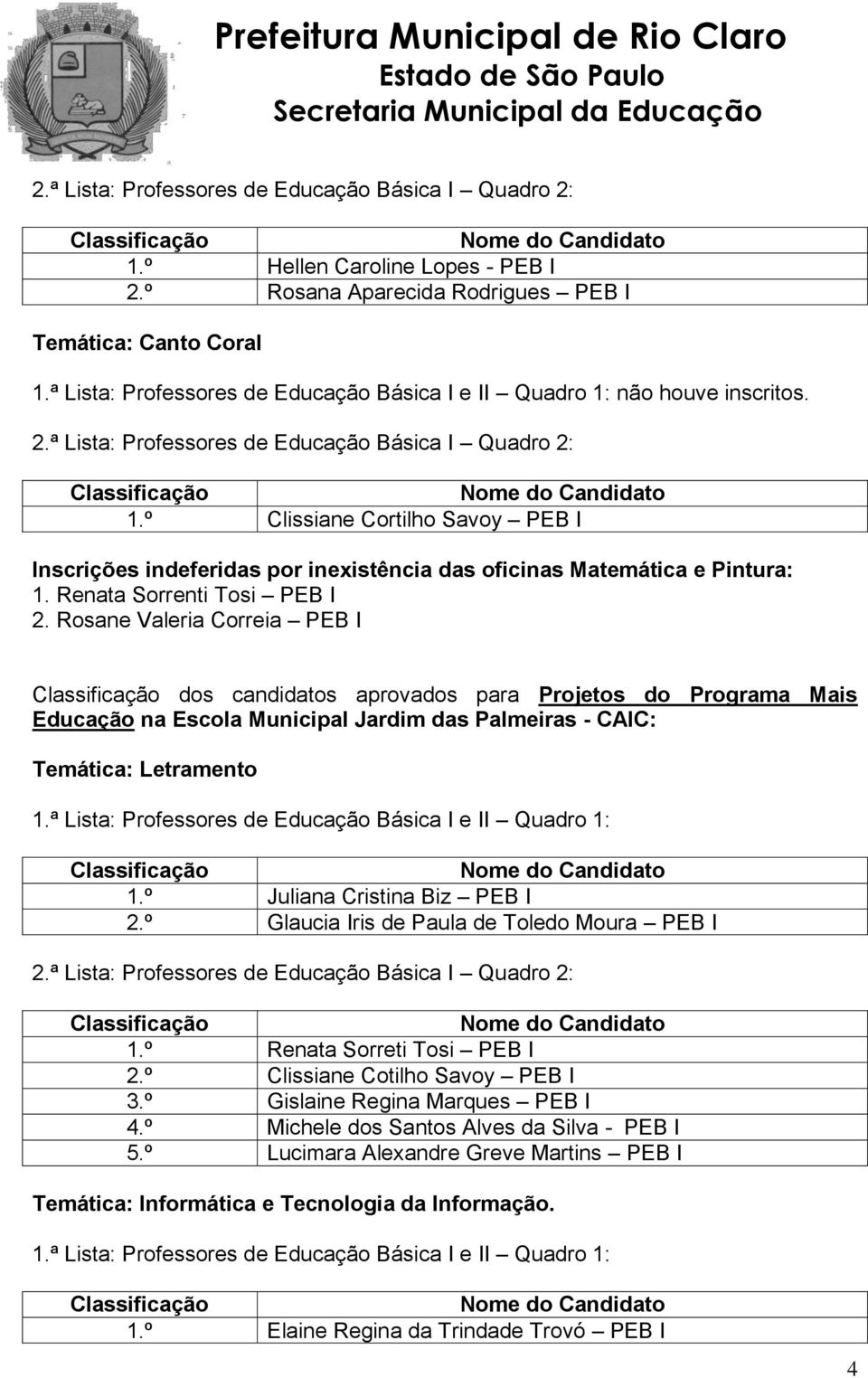 Rosane Valeria Correia PEB I dos candidatos aprovados para Projetos do Programa Mais Educação na Escola Municipal Jardim das Palmeiras - CAIC: Temática: Letramento 1.