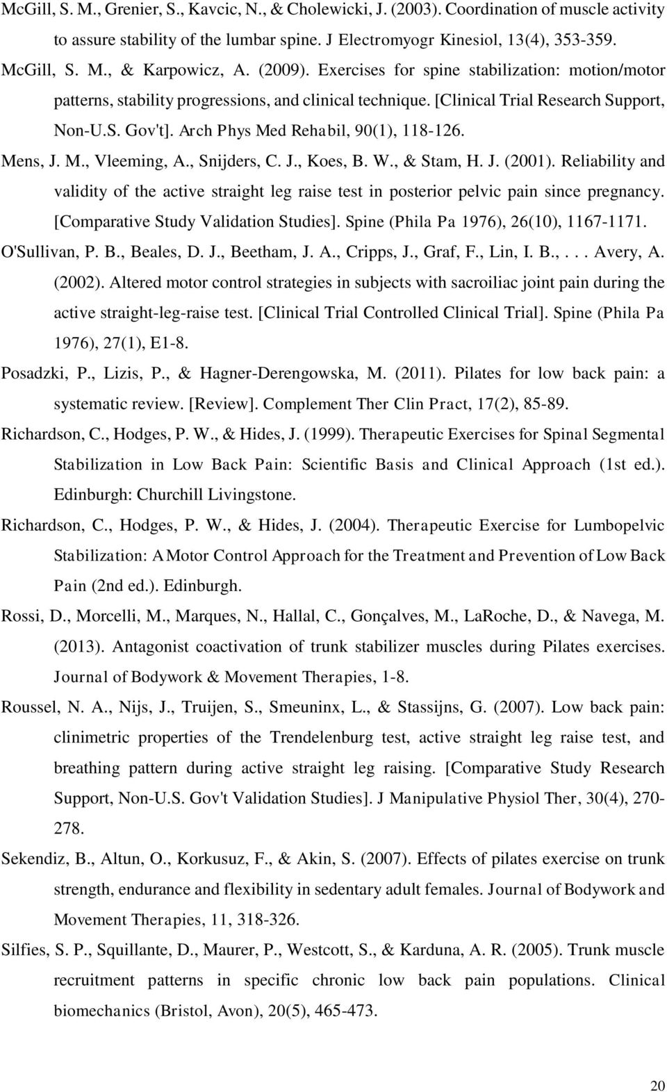 Arch Phys Med Rehabil, 90(1), 118-126. Mens, J. M., Vleeming, A., Snijders, C. J., Koes, B. W., & Stam, H. J. (2001).