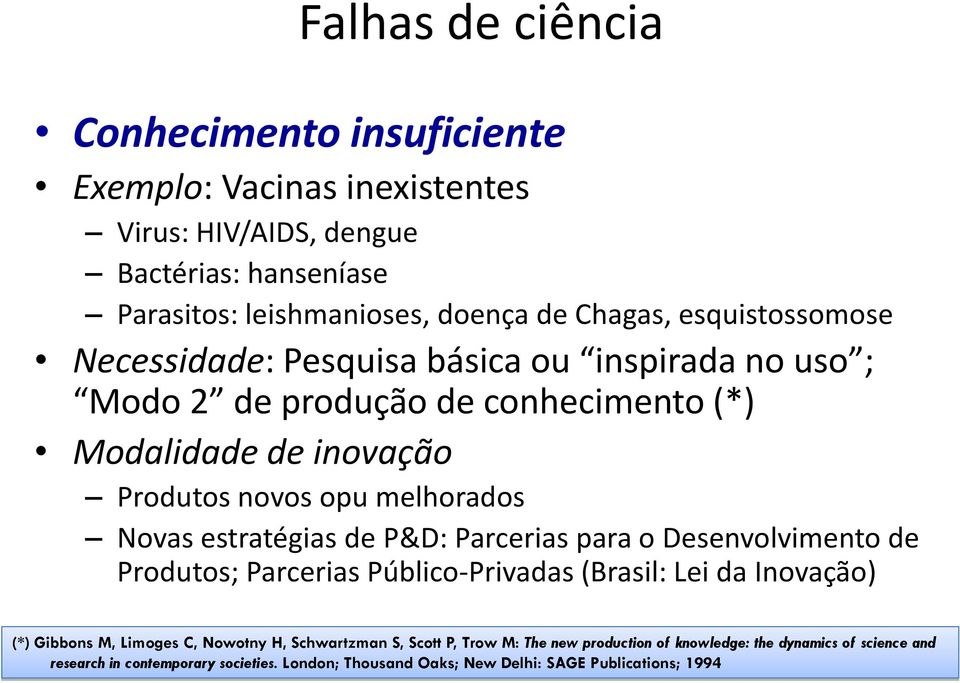 estratégias de P&D: Parcerias para o Desenvolvimento de Produtos; Parcerias Público-Privadas (Brasil: Lei da Inovação) (*) Gibbons M, Limoges C, Nowotny H, Schwartzman