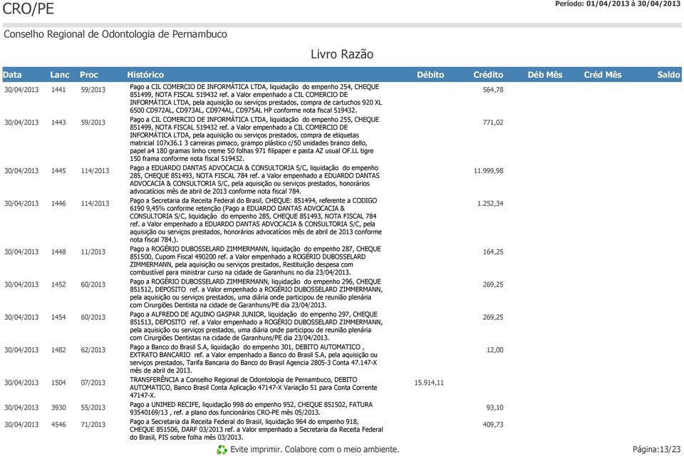 564,78 1443 59/2013 Pago a CIL COMERCIO DE INFORMÁTICA LTDA, liquidação do empenho 255, CHEQUE 851499, NOTA FISCAL 519432 ref.