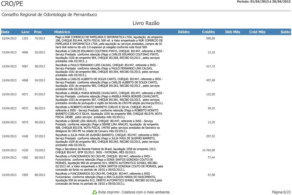 59 4066 35/2013 Recolhido a CARLOS EDUARDO COUTINHO PINTO, CHEQUE: 851447, referente a INSS - Serviço Prestado conforme retenção (Pago a CARLOS EDUARDO COUTINHO PINTO, liquidação 1030 do empenho 984,