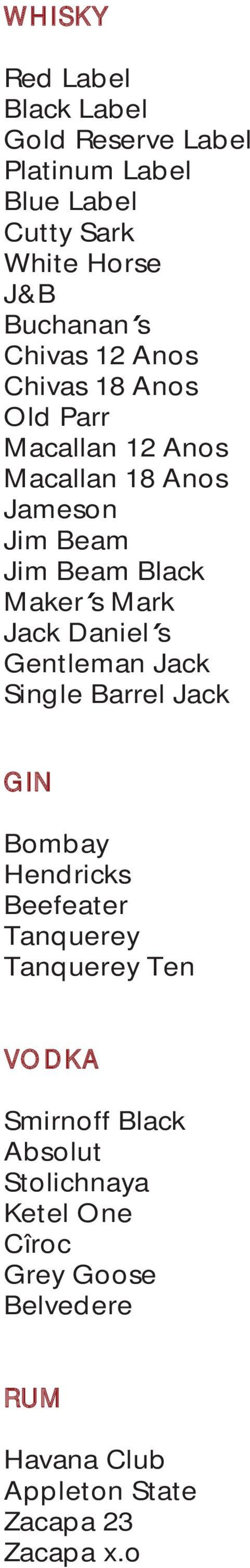 Mark Jack Daniel s Gentleman Jack Single Barrel Jack GIN Bombay Hendricks Beefeater Tanquerey Tanquerey Ten VODKA