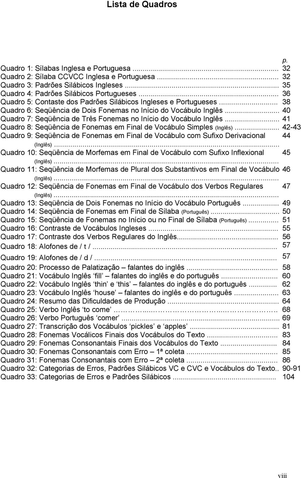 .. 41 Quadro 8: Seqüência de em Final de Vocábulo Simples (Inglês)... 42-43 Quadro 9: Seqüência de em Final de Vocábulo com Sufixo Derivacional 44 (Inglês).