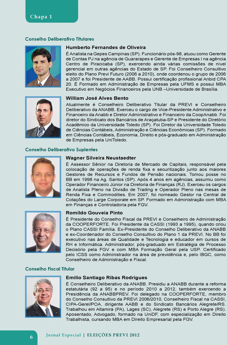 outras agências do Estado de SP. Foi Conselheiro Consultivo eleito do Plano Previ Futuro (2006 a 2010), onde coordenou o grupo de 2006 a 2007 e foi Presidente de AABB.