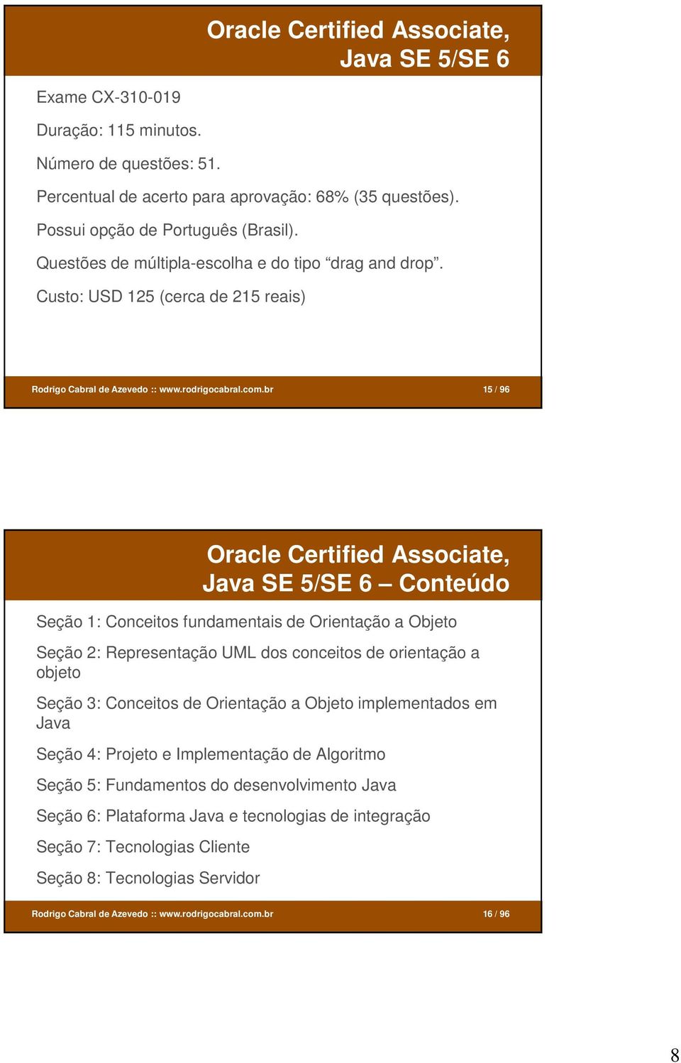 br 15 / 96 Oracle Certified Associate, Java SE 5/SE 6 Conteúdo Seção 1: Conceitos fundamentais de Orientação a Objeto Seção 2: Representação UML dos conceitos de orientação a objeto Seção 3: