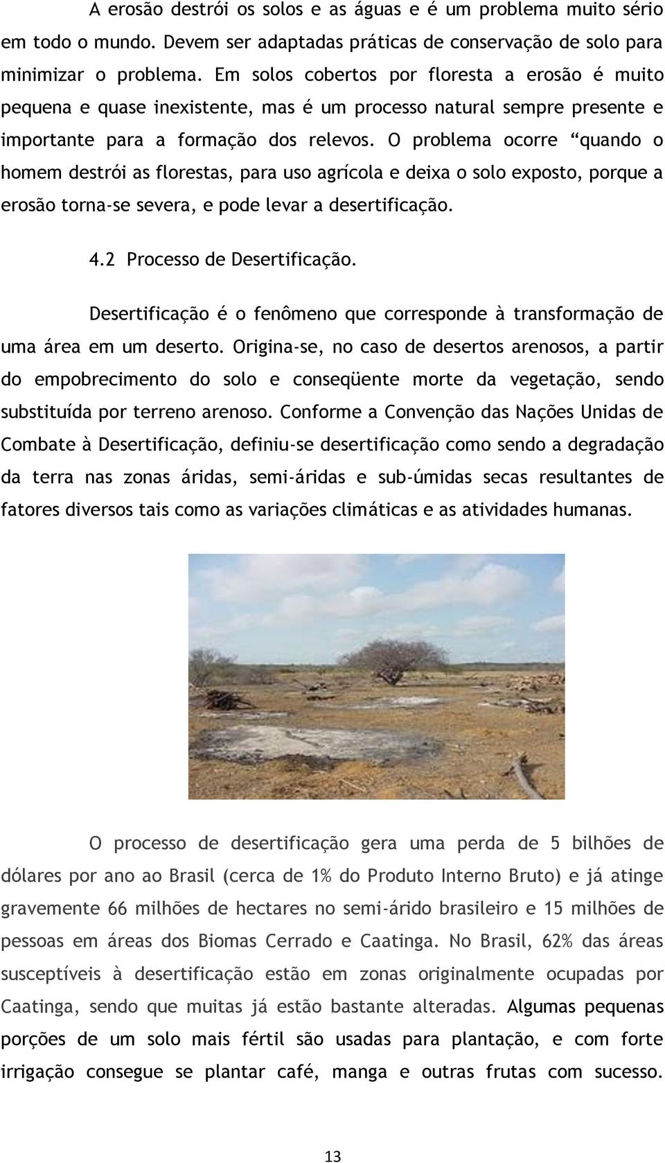 O problema ocorre quando o homem destrói as florestas, para uso agrícola e deixa o solo exposto, porque a erosão torna-se severa, e pode levar a desertificação. 4.2 Processo de Desertificação.