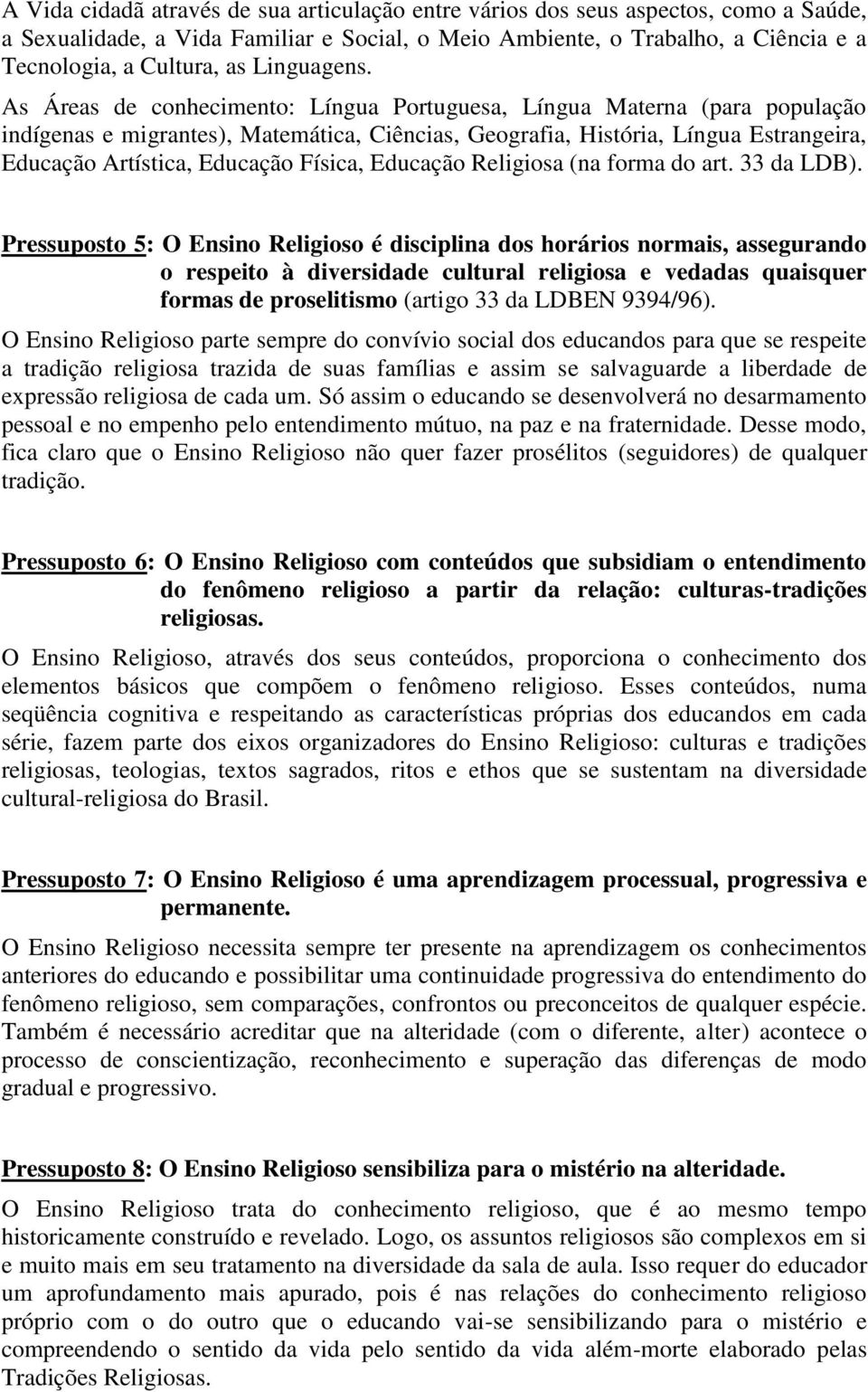 As Áreas de conhecimento: Língua Portuguesa, Língua Materna (para população indígenas e migrantes), Matemática, Ciências, Geografia, História, Língua Estrangeira, Educação Artística, Educação Física,