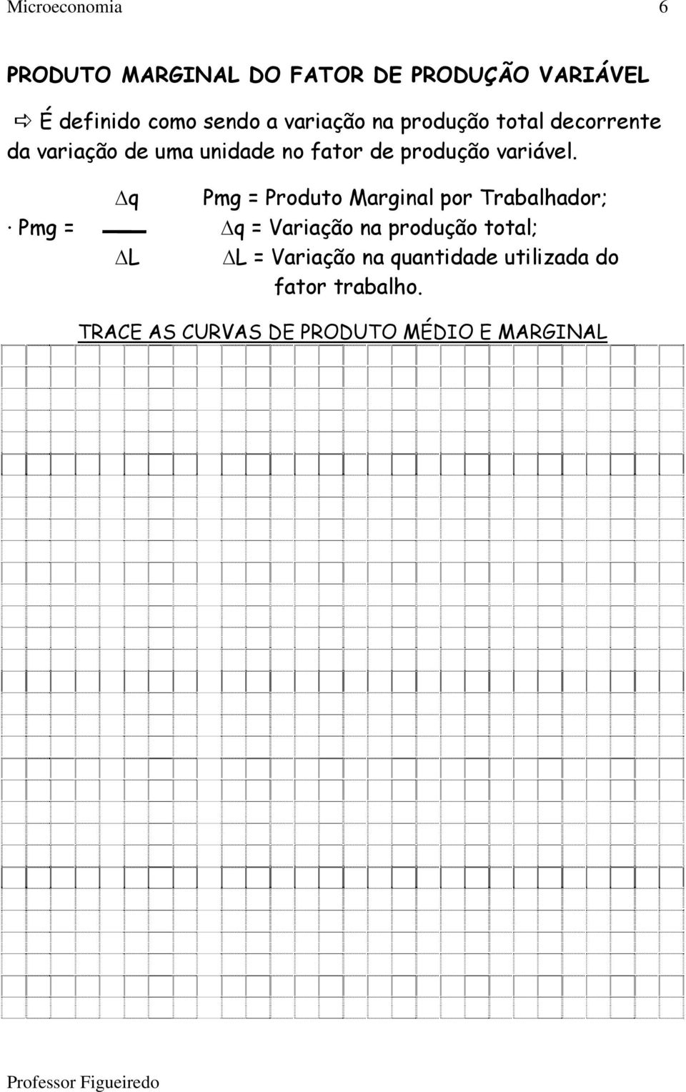 Δq Pmg = Produto Marginal por Trabalhador; Pmg = Δq = Variação na produção total; ΔL ΔL