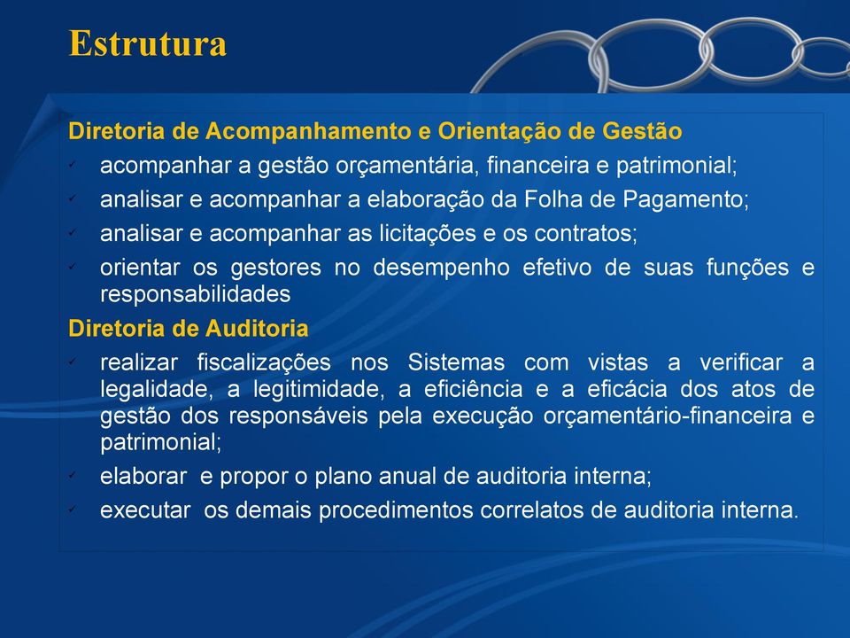 Auditoria realizar fiscalizações nos Sistemas com vistas a verificar a legalidade, a legitimidade, a eficiência e a eficácia dos atos de gestão dos responsáveis