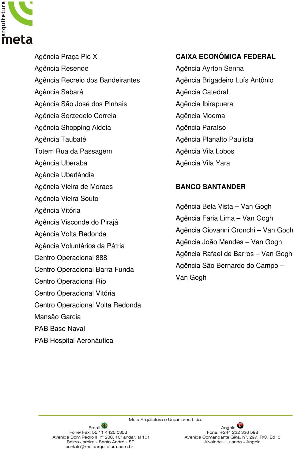 Operacional 888 Centro Operacional Barra Funda Centro Operacional Rio Centro Operacional Vitória Centro Operacional Volta Redonda Mansão Garcia PAB Base Naval PAB Hospital Aeronáutica CAIXA ECONÔMICA