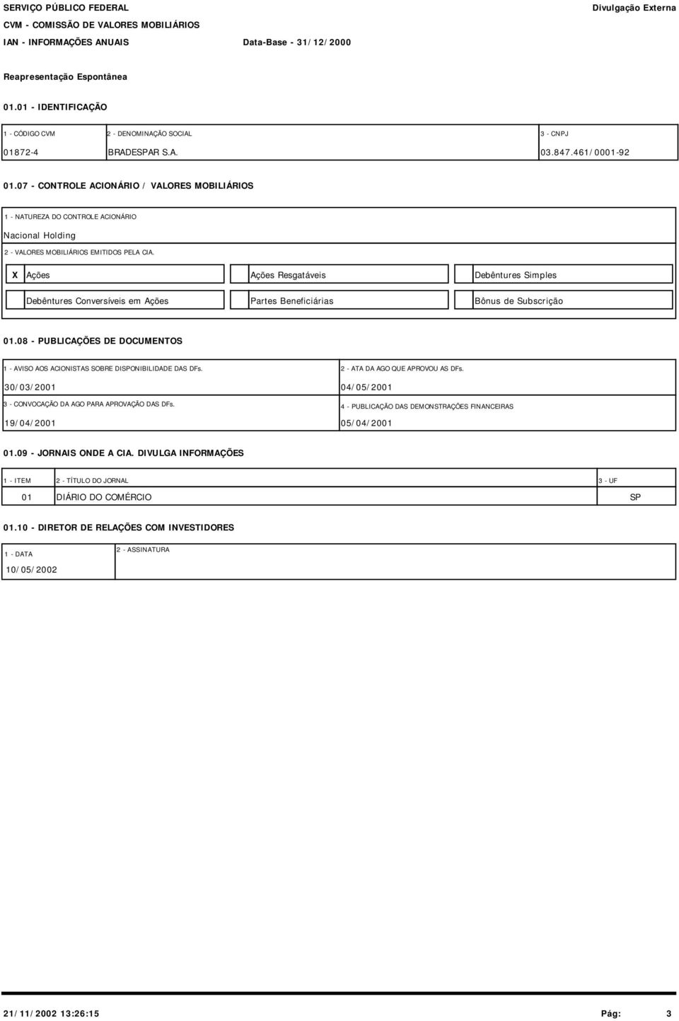 X Ações Ações Resgatáveis Debêntures Simples Debêntures Conversíveis em Ações Partes Beneficiárias Bônus de Subscrição 01.