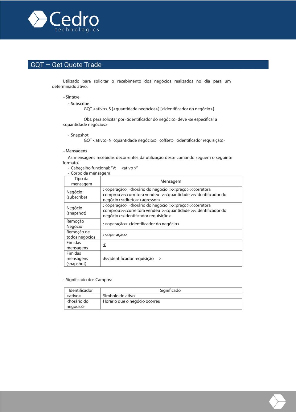 <ativo> N <quantidade negócios> <offset> <identificador requisição> Mensagens As mensagens recebidas decorrentes da utilização deste comando seguem o seguinte formato.