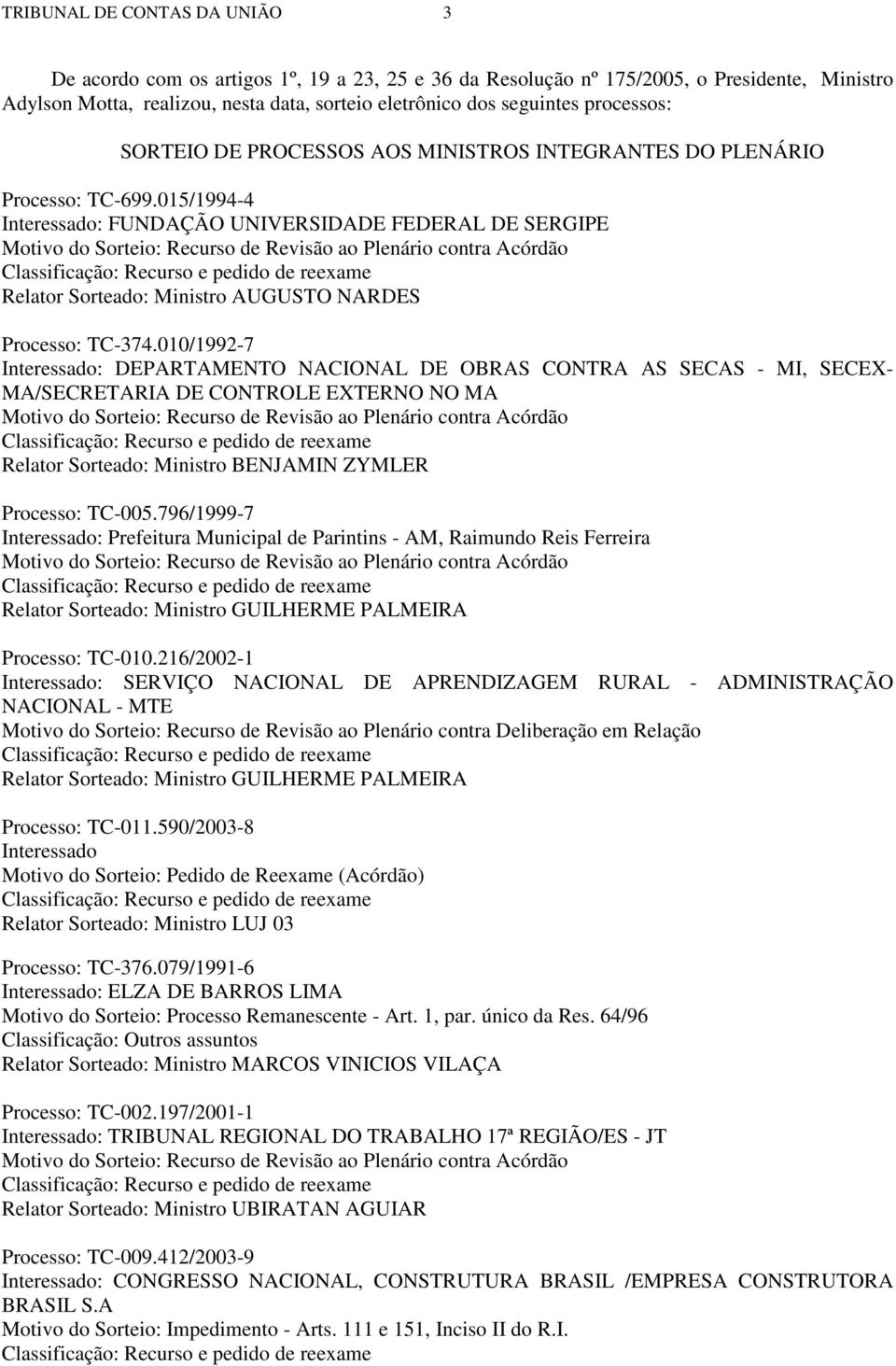 015/1994-4 Interessado: FUNDAÇÃO UNIVERSIDADE FEDERAL DE SERGIPE Motivo do Sorteio: Recurso de Revisão ao Plenário contra Acórdão Classificação: Recurso e pedido de reexame Relator Sorteado: Ministro