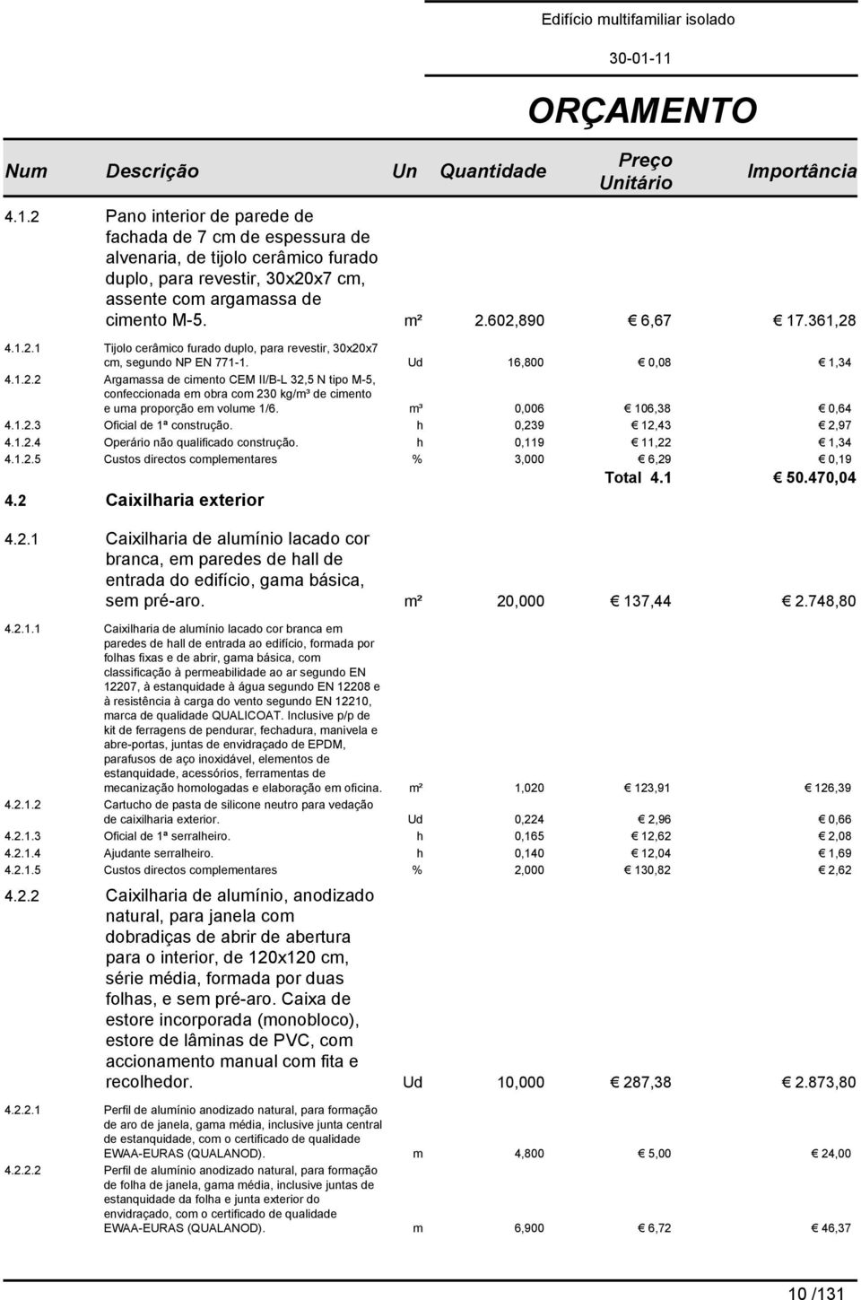 m³ 0,006 106,38 0,64 4.1.2.3 Oficial de 1ª construção. h 0,239 12,43 2,97 4.1.2.4 Operário não qualificado construção. h 0,119 11,22 1,34 4.1.2.5 Custos directos complementares % 3,000 6,29 0,19 Total 4.