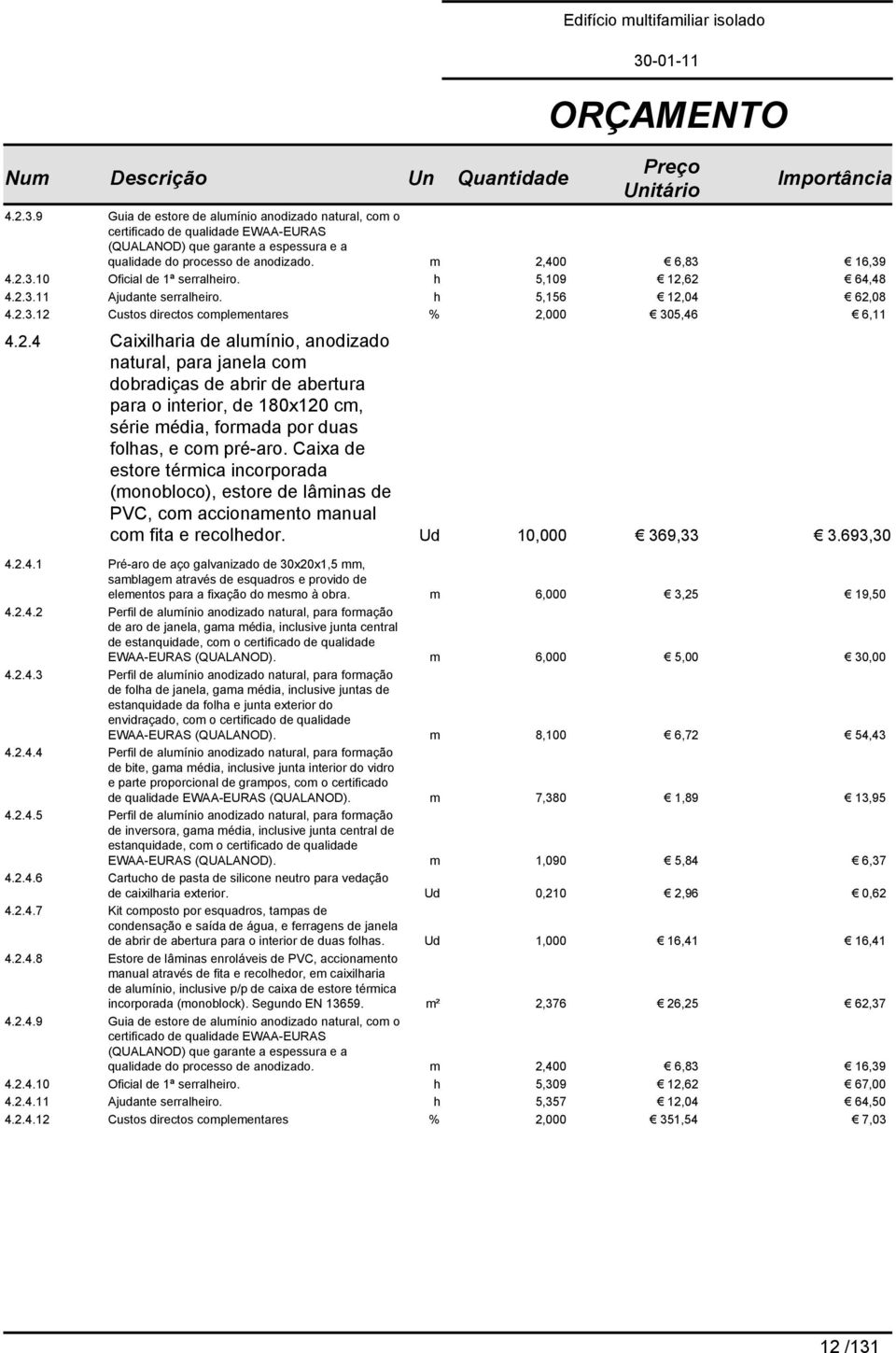 Caixa de estore térmica incorporada (monobloco), estore de lâminas de PVC, com accionamento manual com fita e recolhedor. Ud 10,000 369,33 3.693,30 4.