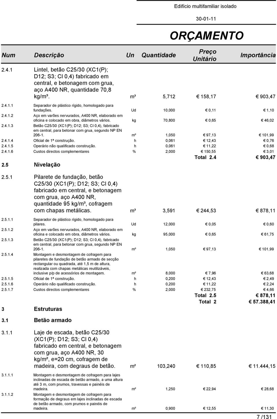 m³ 1,050 97,13 101,99 2.4.1.4 Oficial de 1ª construção. h 0,061 12,43 0,76 2.4.1.5 Operário não qualificado construção. h 0,061 11,22 0,68 2.4.1.6 Custos directos complementares % 2,000 150,55 3,01 Total 2.