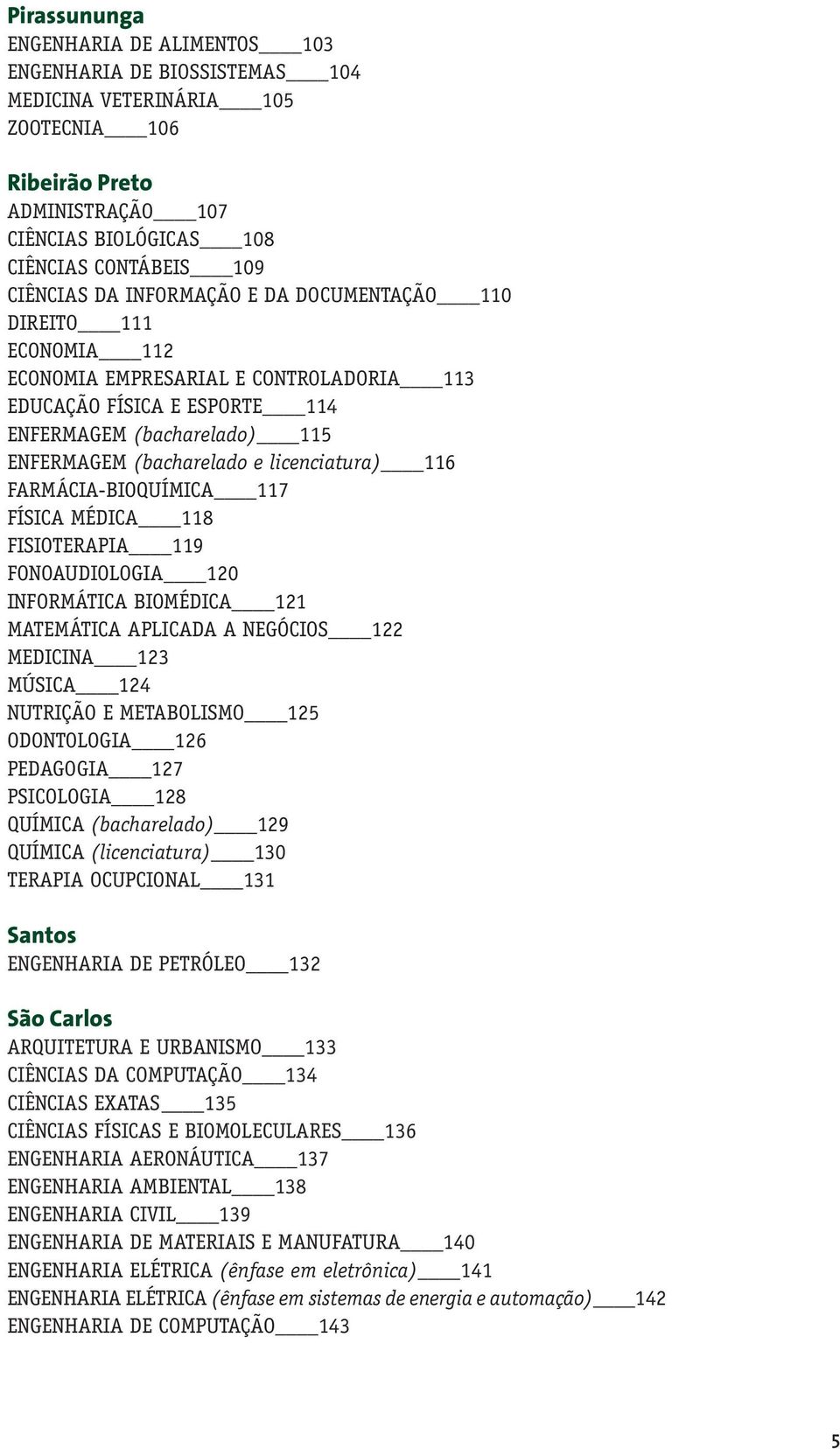 licenciatura) 116 FARMÁCIA-BIOQUÍMICA 117 FÍSICA MÉDICA 118 FISIOTERAPIA 119 FONOAUDIOLOGIA 120 INFORMÁTICA BIOMÉDICA 121 MATEMÁTICA APLICADA A NEGÓCIOS 122 MEDICINA 123 MÚSICA 124 NUTRIÇÃO E