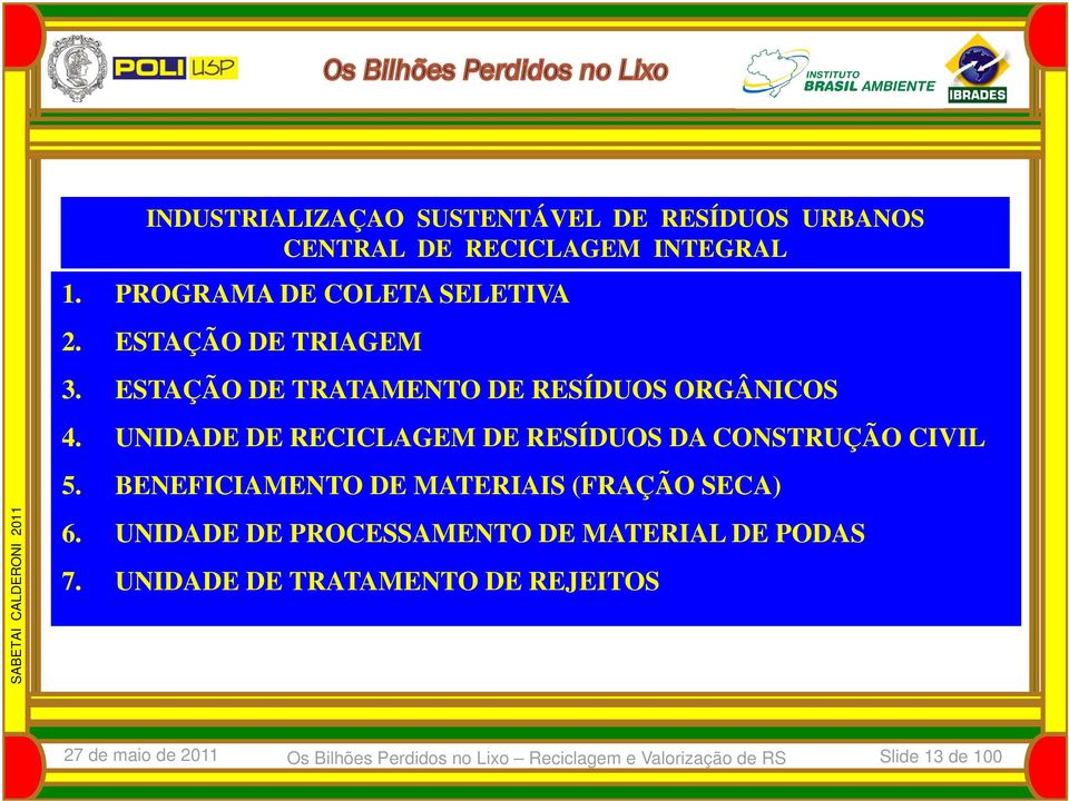 UNIDADE DE RECICLAGEM DE RESÍDUOS DA CONSTRUÇÃO CIVIL 5. BENEFICIAMENTO DE MATERIAIS (FRAÇÃO SECA) 6.