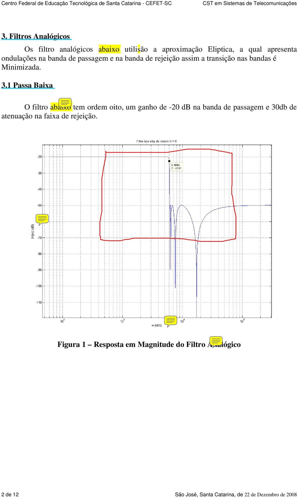 1 Passa Baixa O filtro abaixo tem ordem oito, um ganho de -20 db na banda de passagem e 30db de atenuação na