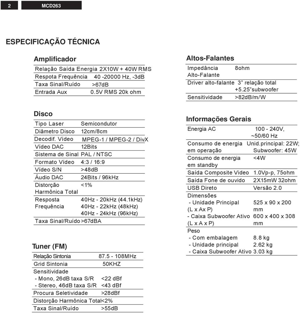 Vídeo MPEG-1 / MPEG-2 / DivX Vídeo DAC 12Bits Sistema de Sinal PAL / NTSC Formato Vídeo 4:3 / 16:9 Vídeo S/N >48dB Áudio DAC 24Bits / 96kHz Distorção <1% Harmônica Total Resposta Frequência Taxa