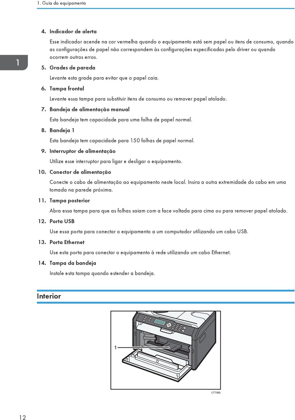 pelo driver ou quando ocorrem outros erros. 5. Grades de parada Levante esta grade para evitar que o papel caia. 6.