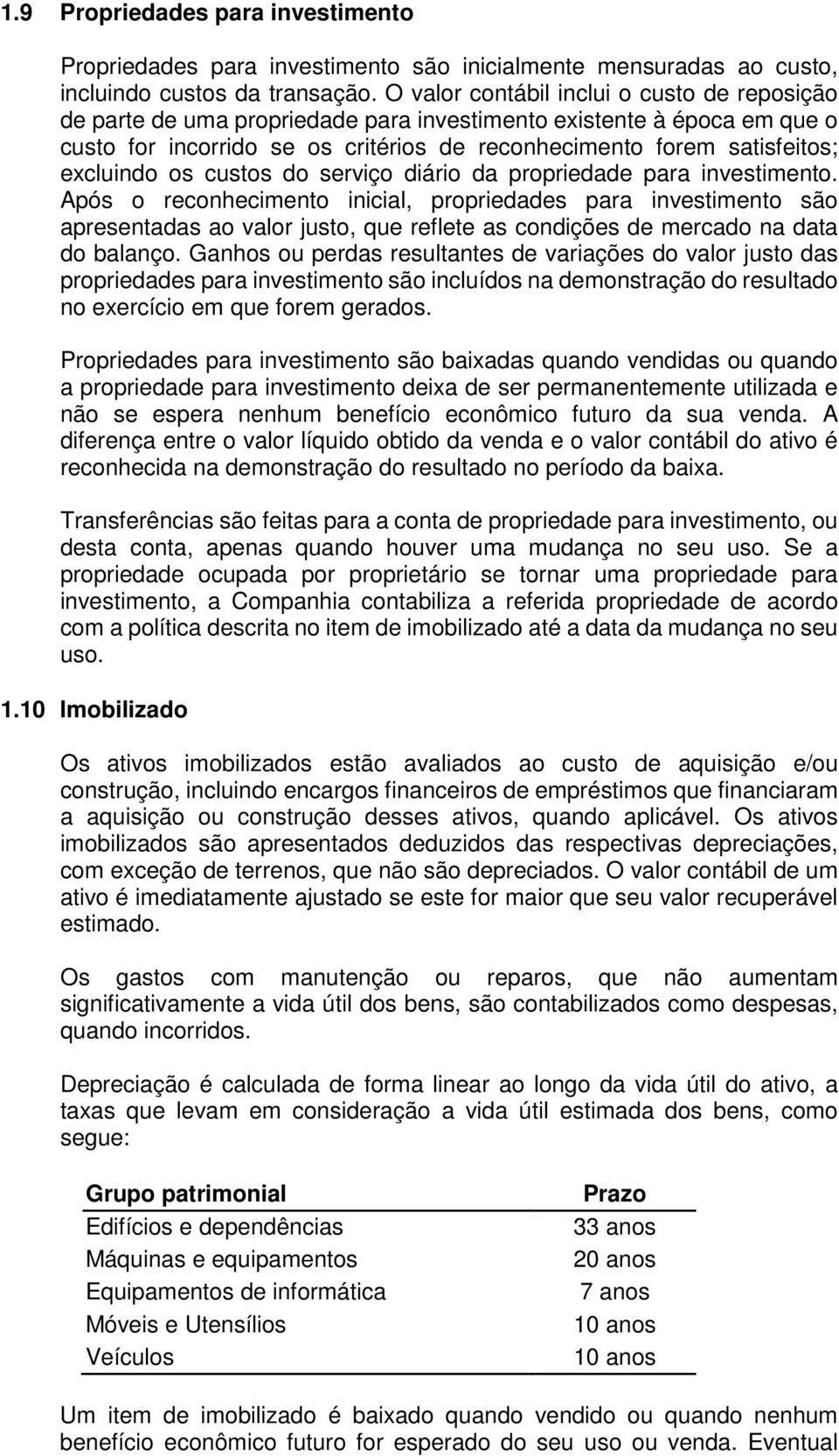 excluindo os custos do serviço diário da propriedade para investimento.