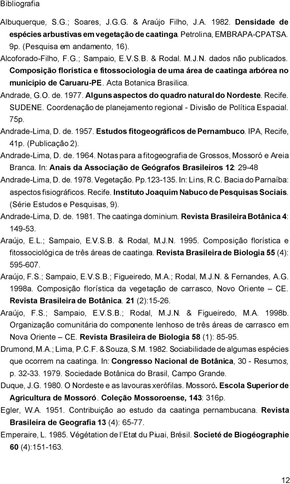 Acta Botanica Brasilica. Andrade, G.O. de. 1977. Alguns aspectos do quadro natural do Nordeste. Recife. SUDENE. Coordenação de planejamento regional - Divisão de Política Espacial. 75p.