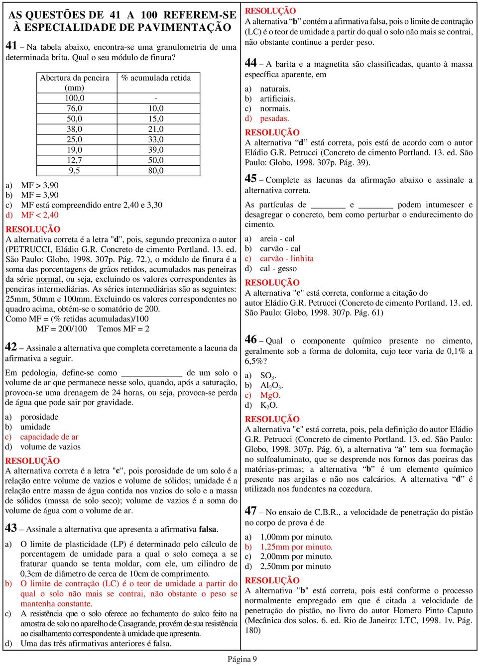 A alternativa correta é a letra "d", pois, segundo preconiza o autor (PETRUCCI, Eládio G.R. Concreto de cimento Portland. 13. ed. São Paulo: Globo, 1998. 307p. Pág. 72.