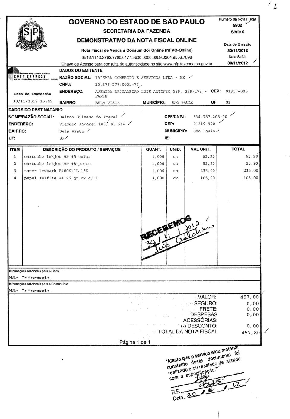 EN'RES,S,,,,c, RAZÃO SOCIAL: IRISARA COMERCIO E SERVICOS LTDA - ME ---" CNPJ: 10376277/0001-777 ENDEREÇO: AVENIDA LR2GADEIRO LUIS ANTONIO 269, 269/273 - CEP: 01317-000 Data de Impressão PARTE