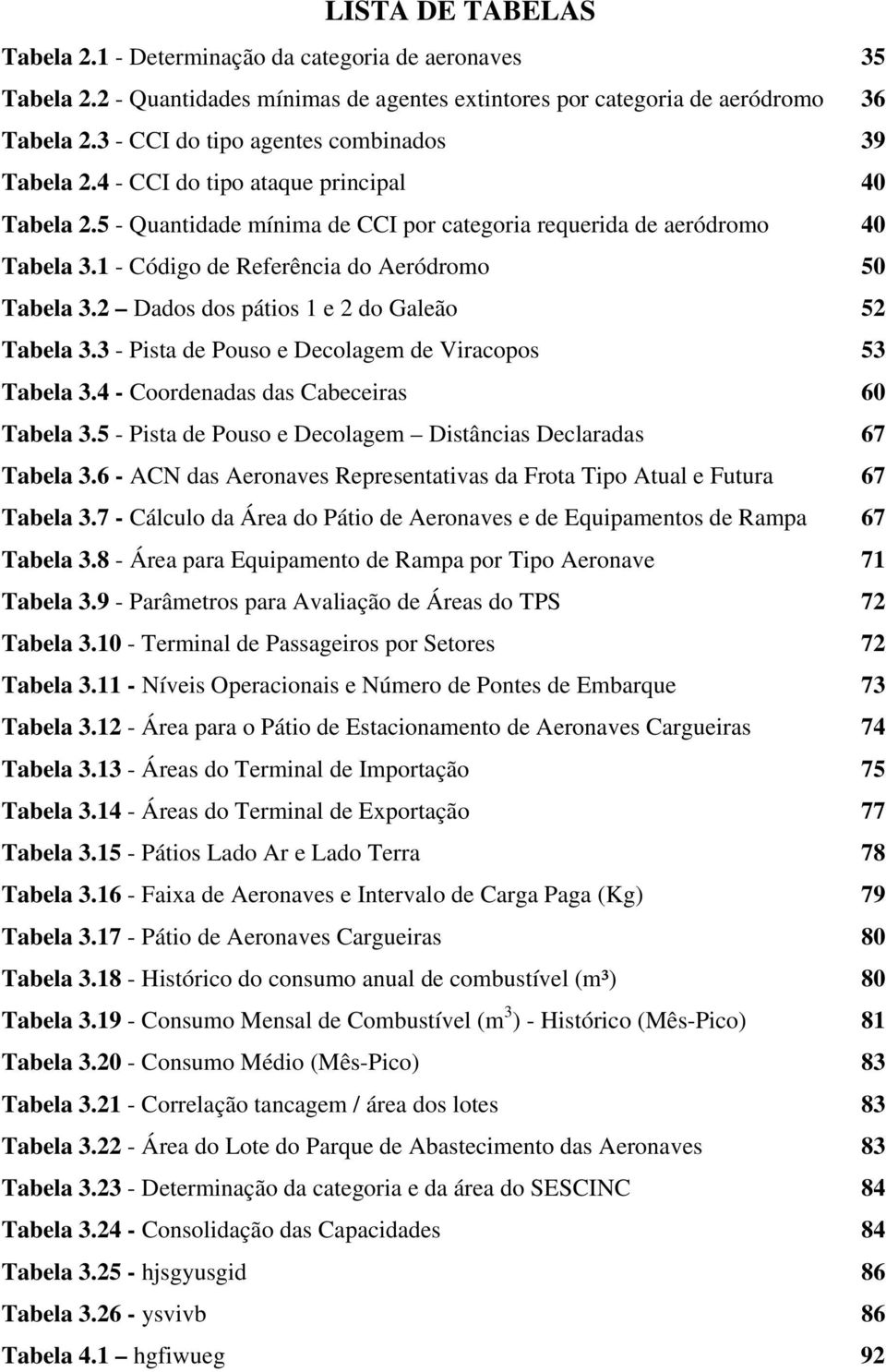 1 - Código de Referência do Aeródromo 50 Tabela 3.2 Dados dos pátios 1 e 2 do Galeão 52 Tabela 3.3 - Pista de Pouso e Decolagem de Viracopos 53 Tabela 3.4 - Coordenadas das Cabeceiras 60 Tabela 3.