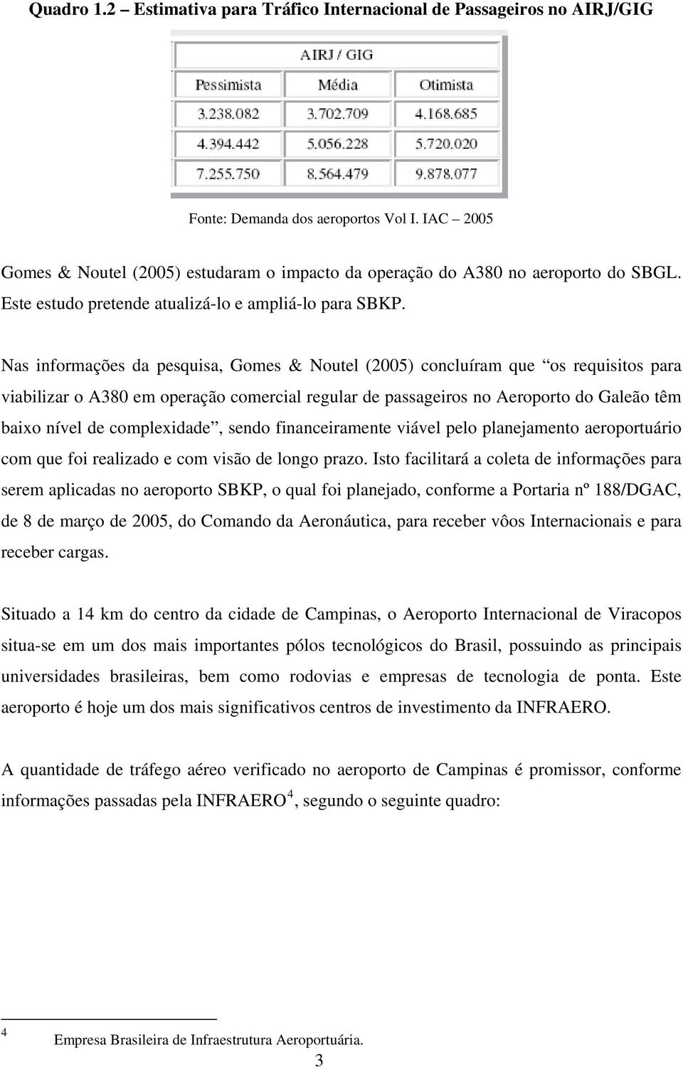 Nas informações da pesquisa, Gomes & Noutel (2005) concluíram que os requisitos para viabilizar o A380 em operação comercial regular de passageiros no Aeroporto do Galeão têm baixo nível de