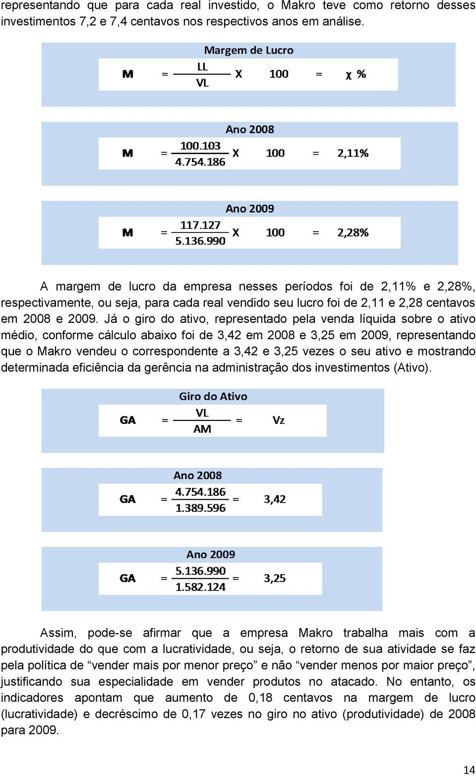 Já o giro do ativo, representado pela venda líquida sobre o ativo médio, conforme cálculo abaixo foi de 3,42 em 2008 e 3,25 em 2009, representando que o Makro vendeu o correspondente a 3,42 e 3,25