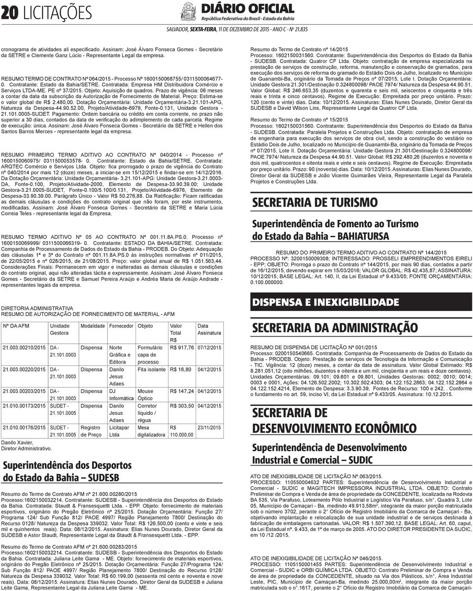 Contratada: Empresa HM Distribuidora Comércio e Serviços LTDA-ME. PE nº 37/2015. Objeto: Aquisição de quadros.