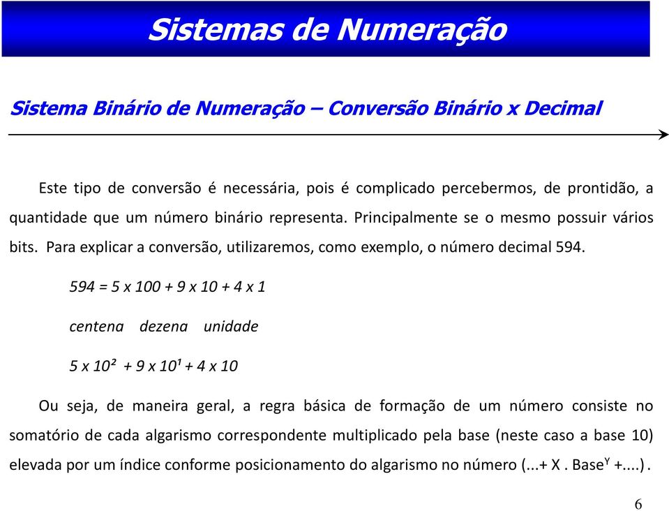 Para explicar a conversão, utilizaremos, como exemplo, o número decimal 594.