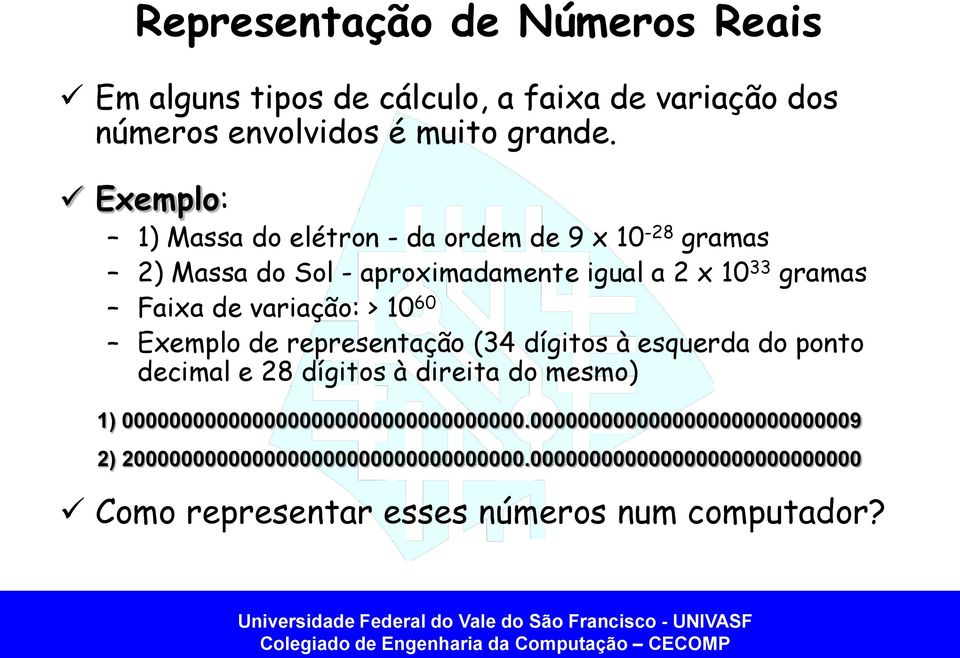 variação: > 10 60 Exemplo de representação (34 dígitos à esquerda do ponto decimal e 28 dígitos à direita do mesmo) 1)