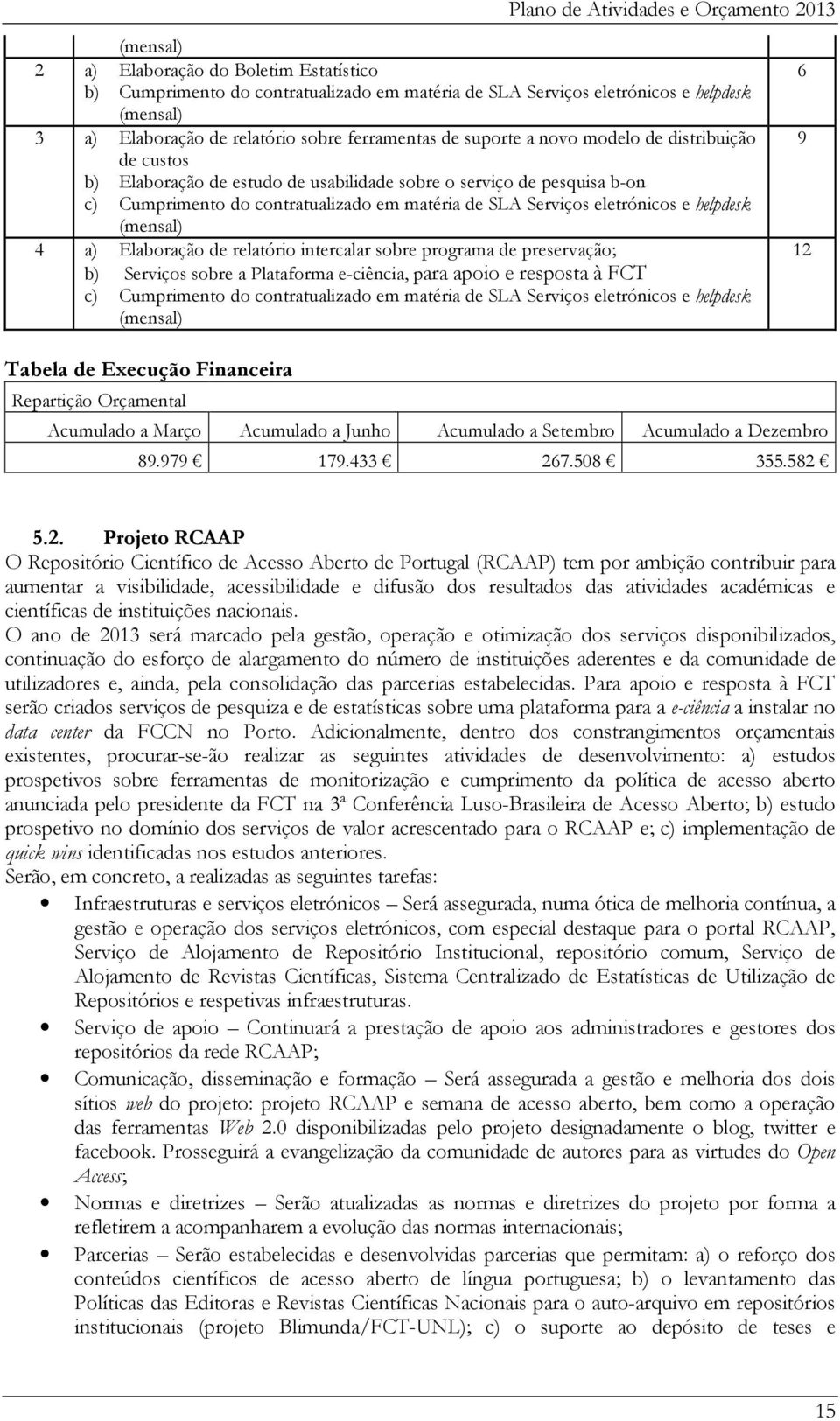 (mensal) 4 a) Elaboração de relatório intercalar sobre programa de preservação; b) Serviços sobre a Plataforma e-ciência, para apoio e resposta à FCT c) Cumprimento do contratualizado em matéria de