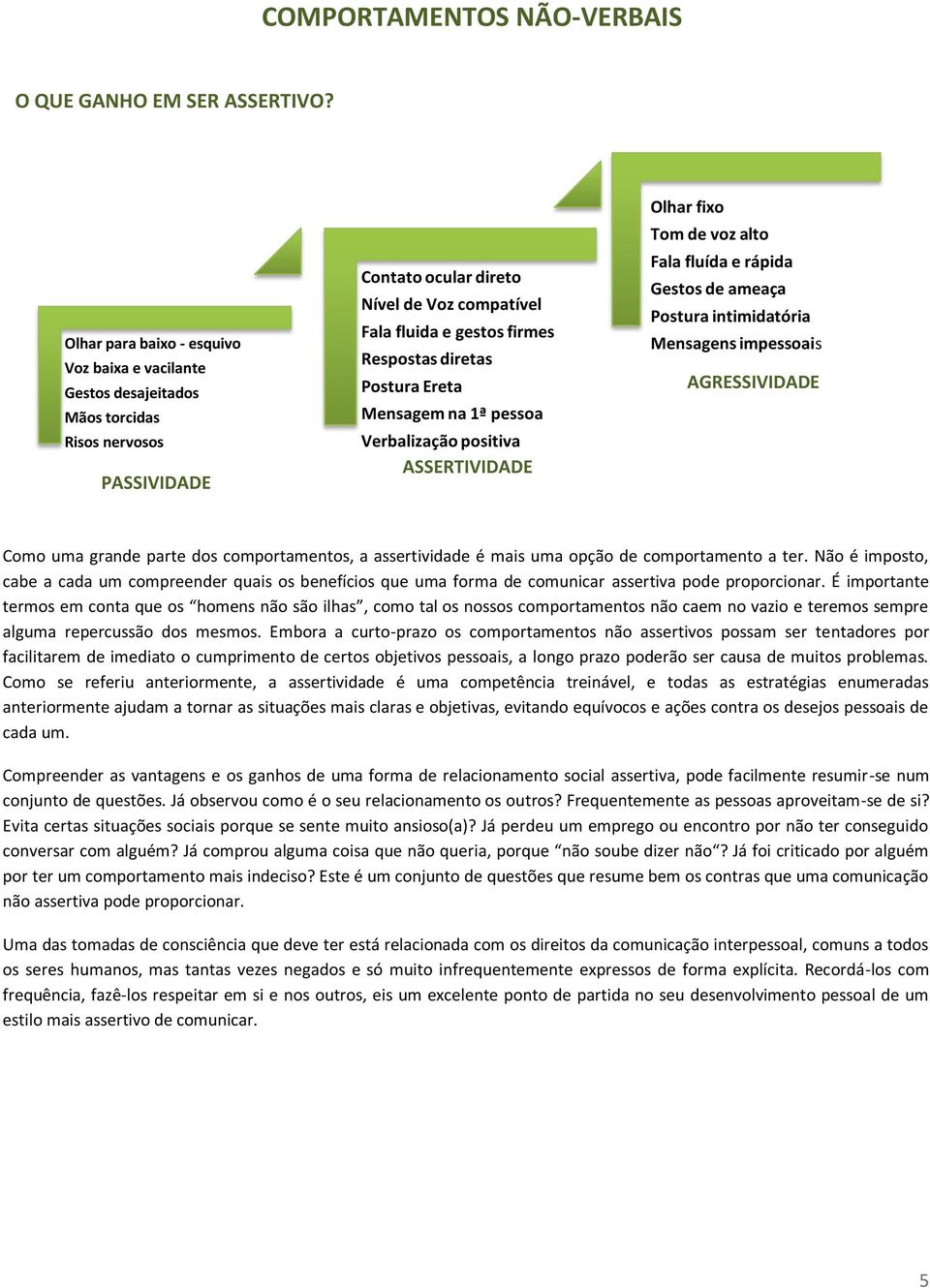 diretas Postura Ereta Mensagem na 1ª pessoa Verbalização positiva ASSERTIVIDADE Olhar fixo Tom de voz alto Fala fluída e rápida Gestos de ameaça Postura intimidatória Mensagens impessoais