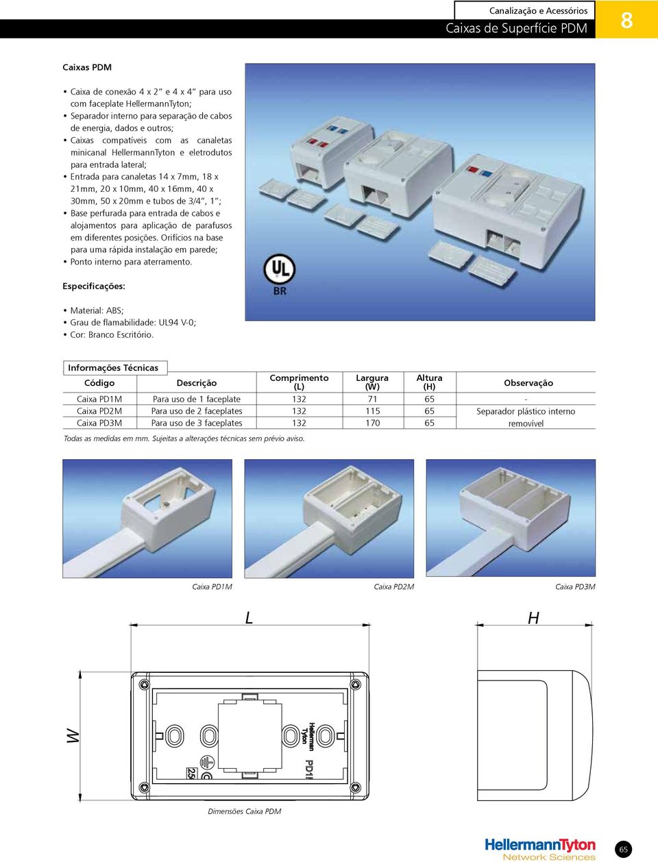 entrada de cabos e alojamentos para aplicação de parafusos em diferentes posições. Orifícios na base para uma rápida instalação em parede; Ponto interno para aterramento.