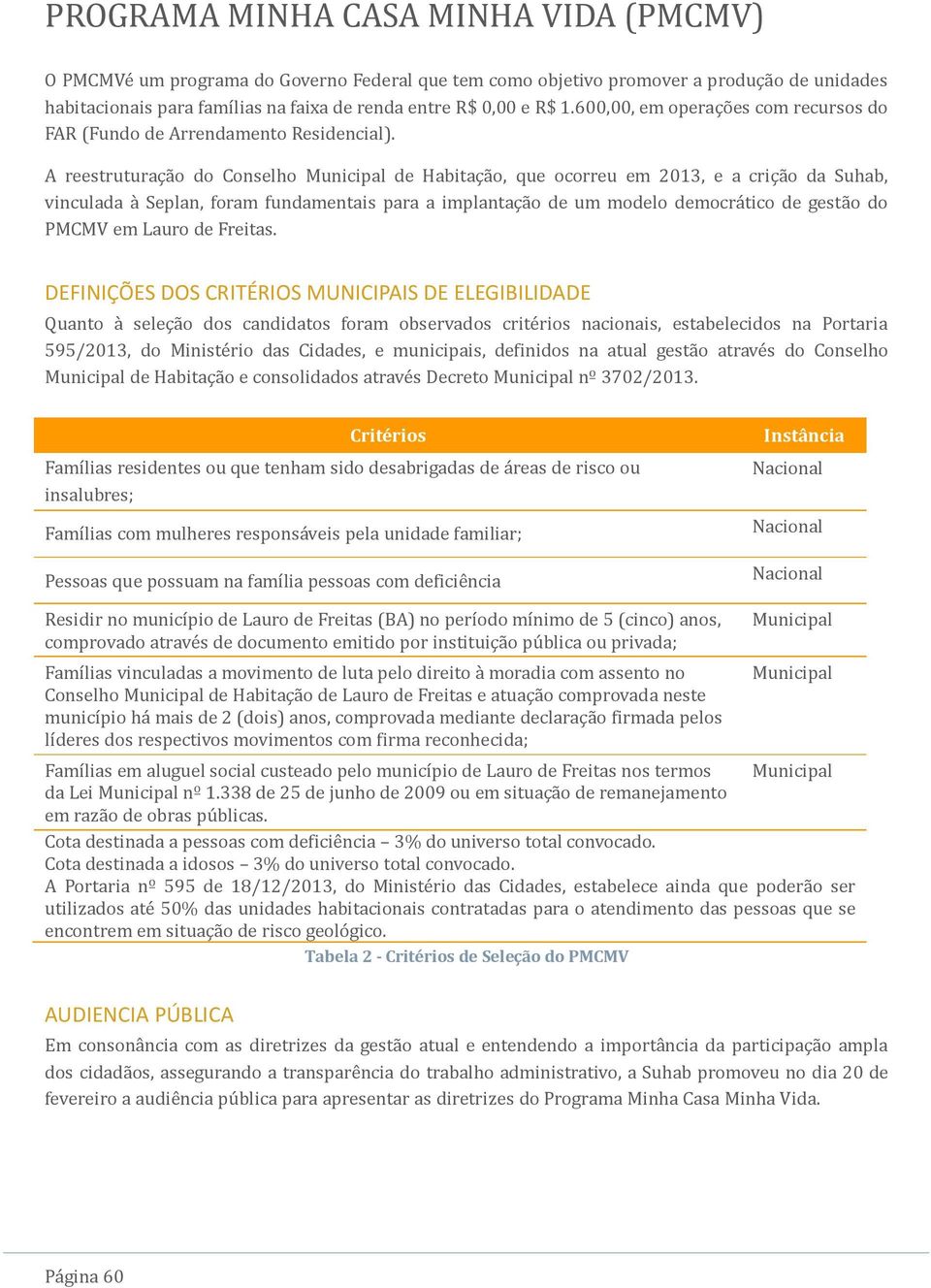 A reestruturação do Conselho Municipal de Habitação, que ocorreu em 2013, e a crição da Suhab, vinculada à Seplan, foram fundamentais para a implantação de um modelo democrático de gestão do PMCMV em