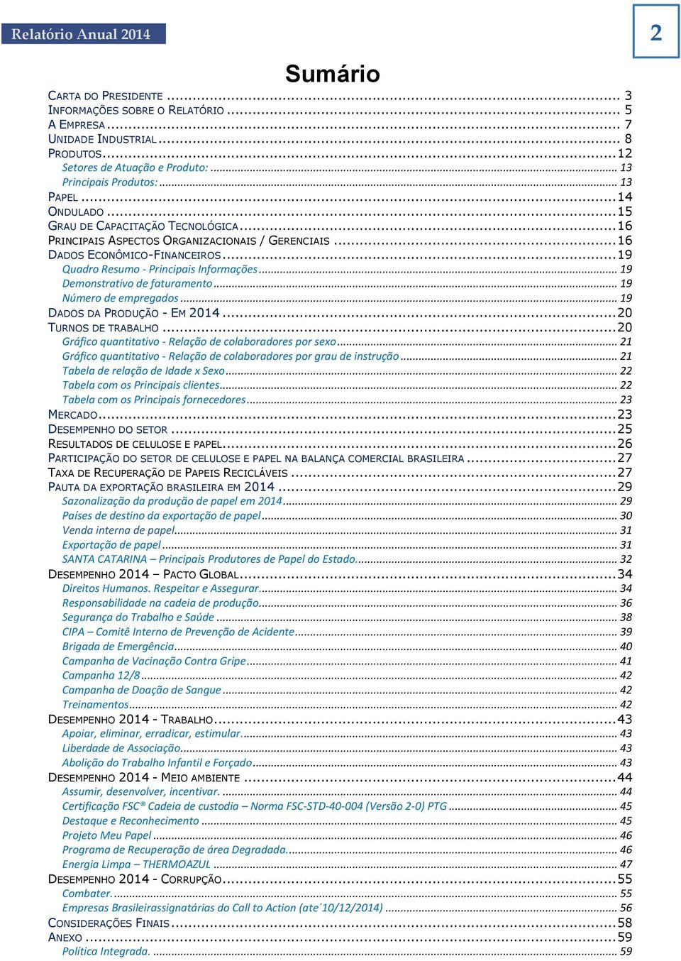 .. 19 Demonstrativo de faturamento... 19 Número de empregados... 19 DADOS DA PRODUÇÃO - EM 2014... 20 TURNOS DE TRABALHO... 20 Gráfico quantitativo - Relação de colaboradores por sexo.