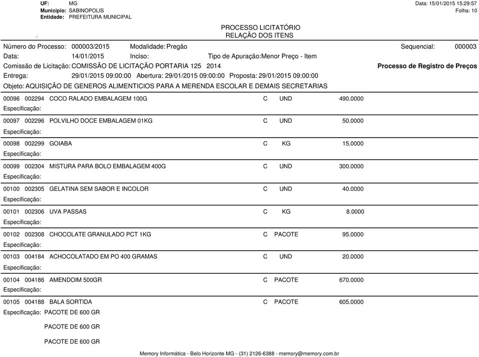0000 00100 002305 GELATINA SEM SABOR E INCOLOR C UND 40.0000 00101 002306 UVA PASSAS C KG 8.0000 00102 002308 CHOCOLATE GRANULADO PCT 1KG C PACOTE 95.