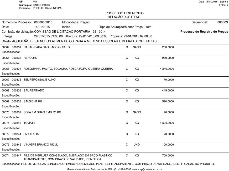 0000 00069 000338 SALSICHA KG C KG 520.0000 00070 000339 SOJA EM GRAO EMB. 25 KG C SACO 20.0000 00071 000343 TOMATE C KG 1.500.0000 00072 000344 UVA ITALIA C KG 70.