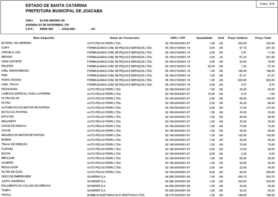 EMBREAGEM JUNTA UNIVERSAL ROLAMENTO DA COLUNA DE DIRECAO TAMPA PISTAO SCHERER S.A. SCHERER S.A. SCHERER S.A. SCHERER S.A. 35 35 85.169.019/0001-19 3,00 UN 97,10 291,30 85.169.019/0001-19 UN 5,97 11,94 85.