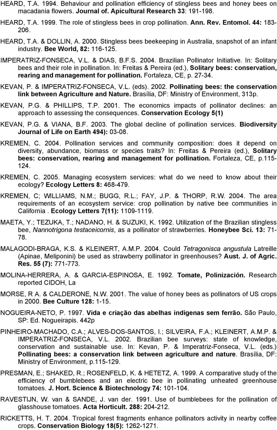 Bee World, 82: 116-125. IMPERATRIZ-FONSECA, V.L. & DIAS, B.F.S. 2004. Brazilian Pollinator Initiative. In: Solitary bees and their role in pollination. In: Freitas & Pereira (ed.